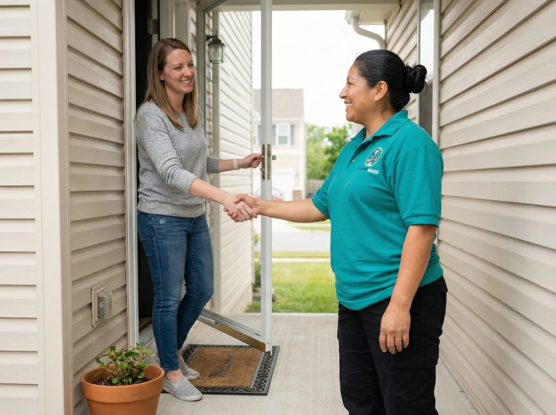 Hygiene Maids professional greeting a client at their Dallas home