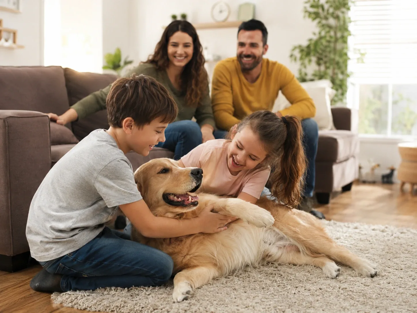 Family and their dog relaxing together in a freshly cleaned living room